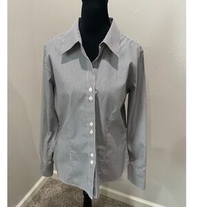 Gold Label Investments Womens Black White Striped Non-Iron Cotton Shirt Size 10